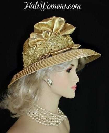 Antique Metallic Gold Satin Designer Fashion Women's Hat Church Wedding Formal Hats