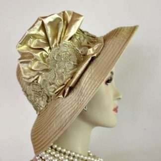 Antique Metallic Gold Satin Designer Fashion Women's Hat Church Wedding Formal Hats