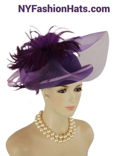 Purple Wool Winter Dress Hat Feathers