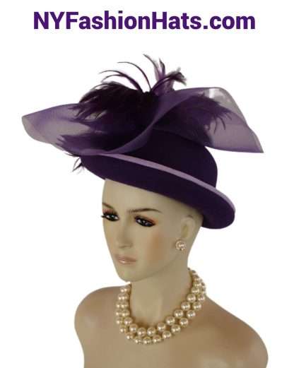 Purple Wool Winter Dress Hat Feathers