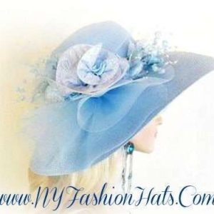 Baby Blue Wide Brim Designer Hat With Silk Flowers
