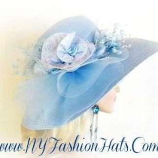 Baby Blue Wide Brim Designer Hat With Silk Flowers