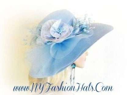 Baby Blue Wide Brim Designer Hat With Silk Flowers