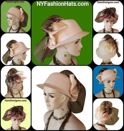 Beige Brown Small Brim Tiger Feather Satin Dress Hat For Women