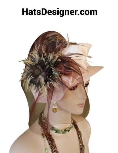 Beige Brown Small Brim Tiger Feather Satin Dress Hat For Women