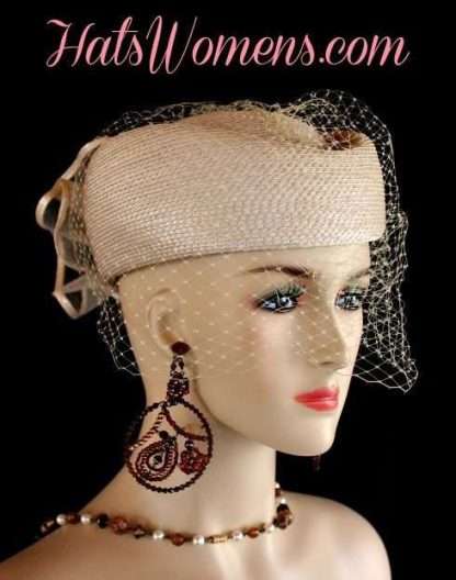 Beige Pillbox Hat With Veil For Wedding Church Dress