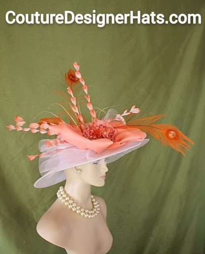 Big Brim Haute Couture White Orange Peach Coral Hat Women