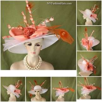 Big Brim Haute Couture White Orange Peach Coral Hat Women