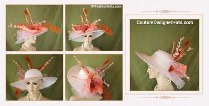 Big Brim Haute Couture White Orange Peach Coral Hat Women