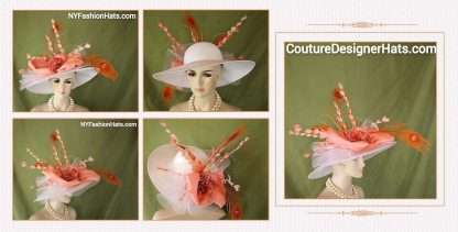 Big Brim Haute Couture White Orange Peach Coral Hat Women