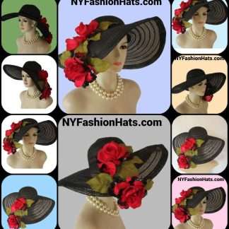 Black Big Brim Red Roses Haute Couture Hat Women