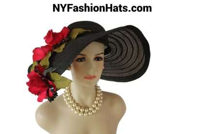 Black Big Brim Red Roses Haute Couture Hat Women