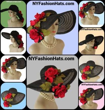 Black Big Brim Red Roses Haute Couture Hat Women