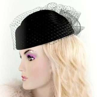 Black Designer Pillbox Winter Wool Fashion Hat Face Veil