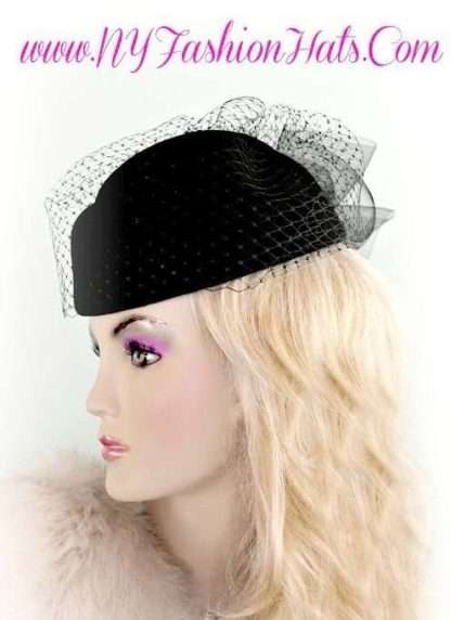 Black Designer Pillbox Winter Wool Fashion Hat Face Veil