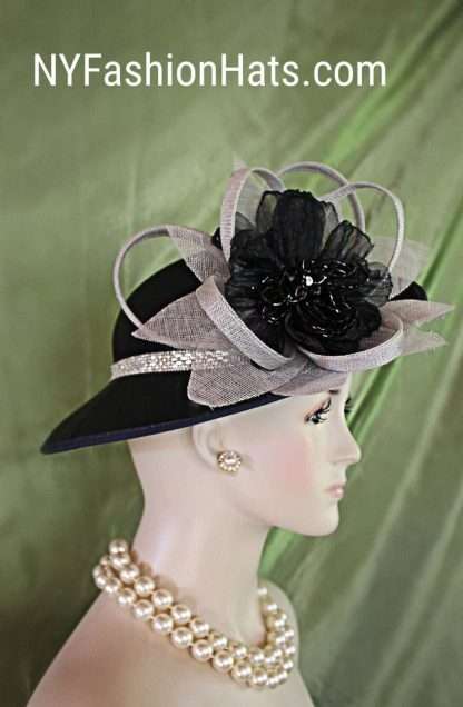 Black Satin Metallic Silver Haute Couture Statement Hat