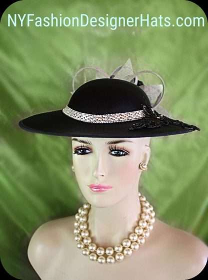 Black Satin Metallic Silver Haute Couture Statement Hat