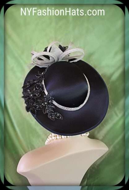 Black Satin Metallic Silver Haute Couture Statement Hat