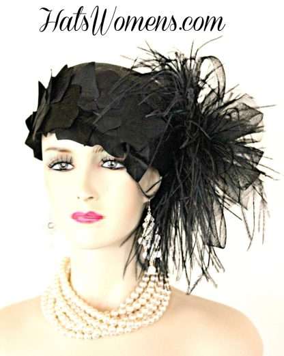 Black Sinamay Straw Cloche Flapper Vintage Wedding Bridal Cocktail Pillbox Hat