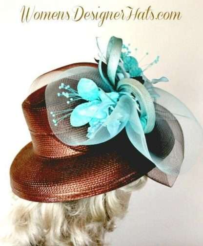 Brown Aqua Turquoise Straw Kentucky Derby Hat