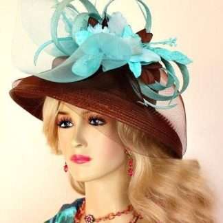 Brown Aqua Turquoise Straw Kentucky Derby Hat