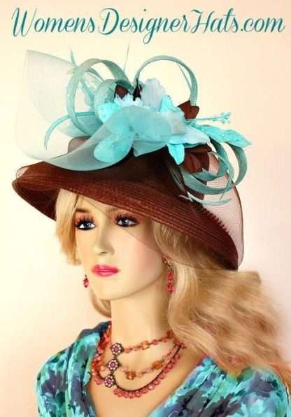 Brown Aqua Turquoise Straw Kentucky Derby Hat