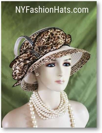 Brown Beige Black Animal Leopard Print Satin Dress Hat