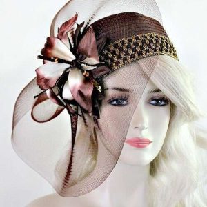 Brown Satin Cloche Flapper Metallic Gold Pillbox Cocktail Hat