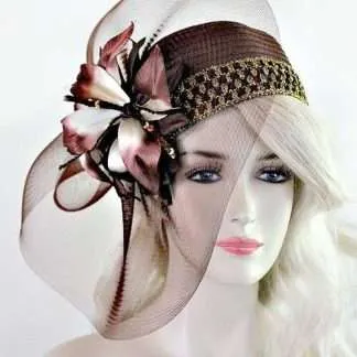 Brown Satin Cloche Flapper Metallic Gold Pillbox Cocktail Hat