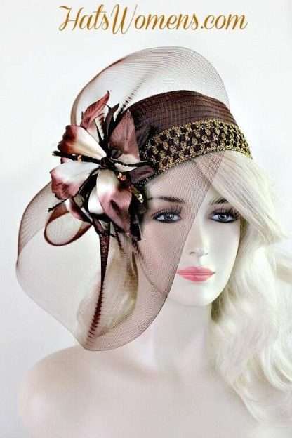 Brown Satin Cloche Flapper Metallic Gold Pillbox Cocktail Hat