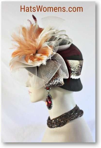 Brown Winter Wool Designer Fashion Hat Copper Beige Ivory Feathers