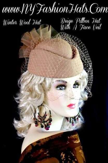 Camel Beige Designer Pillbox Winter Wool Fashion Hat With A Veil