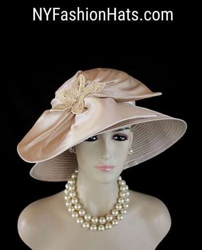 Champagne Soft Beige Big Brim Satin Wedding Bridal Hat