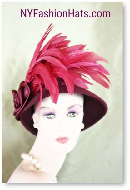 Couture Burgundy Winter Wool Hot Pink Feathered Designer Hat