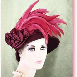 Couture Burgundy Winter Wool Hot Pink Feathered Designer Hat