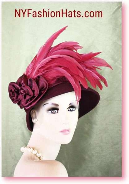 Couture Burgundy Winter Wool Hot Pink Feathered Designer Hat