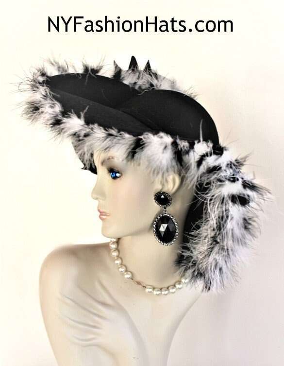 Bridal Headpieces And Fascinators, Cocktail Hats, Hats For Wedding Guests, Pillbox Hats, Large Brim Kentucky Derby Hats, Hats For Horse Races, Exclusive Designer Hats And Millinery Apparel, Black Winter Wool Zebra Fur Feather Hat