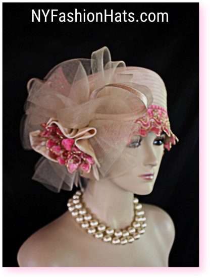 Beige Pink Metallic Gold Formal Satin Hat