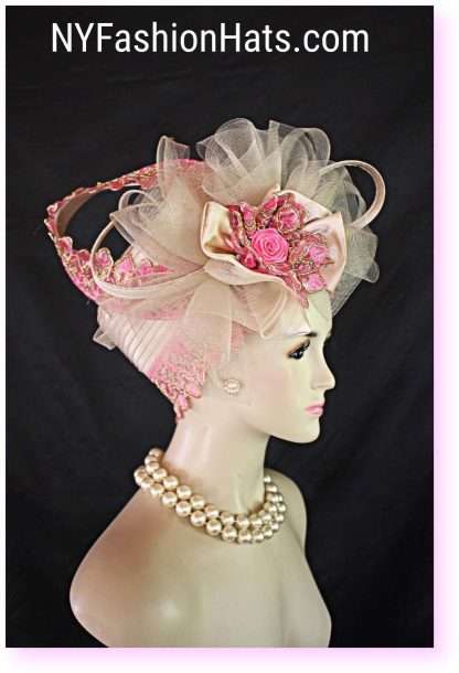 Beige Pink Metallic Gold Formal Satin Hat