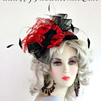 Couture Designer Red Black Straw Braid Satin Hat