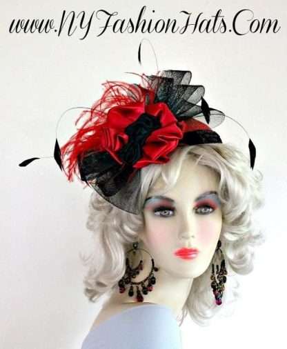 Couture Designer Red Black Straw Braid Satin Hat