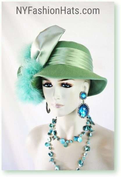 Couture Lime Sage Seafoam Green Winter Wool Designer Feathered Satin Big Bow Hat