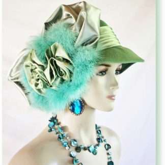 Couture Lime Sage Seafoam Green Winter Wool Designer Feathered Satin Big Bow Hat