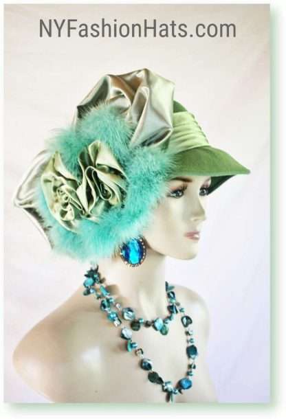 Couture Lime Sage Seafoam Green Winter Wool Designer Feathered Satin Big Bow Hat