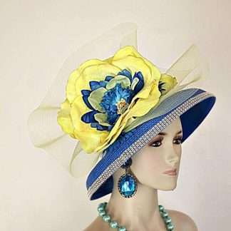 Couture Royal Blue Yellow Statement Wedding Church Fashion Hat