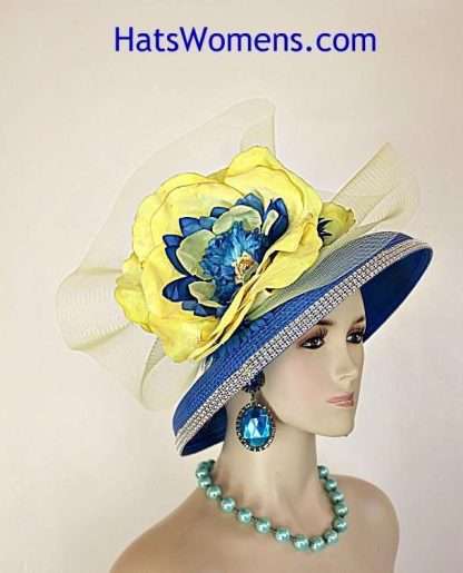 Couture Royal Blue Yellow Statement Wedding Church Fashion Hat