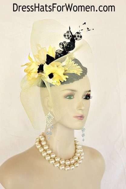 Couture Statement Wedding Fascinator Headpiece Black Yellow Pillbox Hats