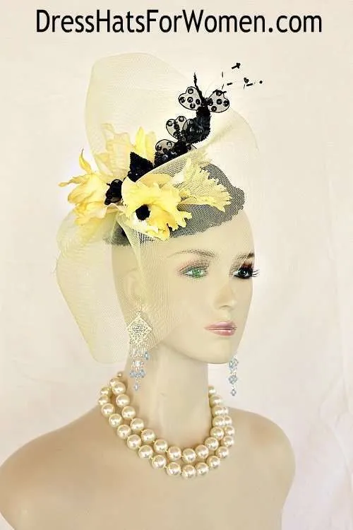 Couture Statement Wedding Fascinator Headpiece Black Yellow Pillbox Hats