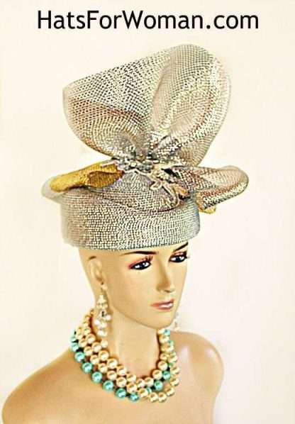 Metallic Silver Grey Gold Designer Pillbox Statement Hat