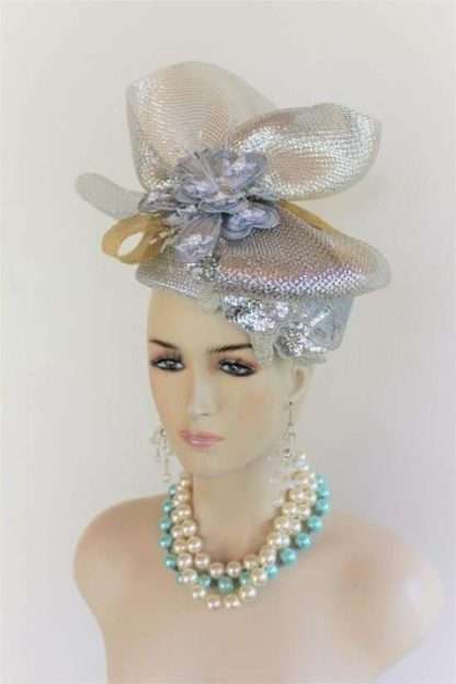 Metallic Silver Grey Gold Designer Pillbox Statement Hat